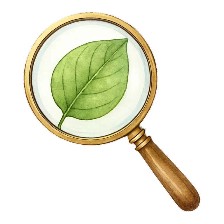 Magnifying glass clipart in watercolor looking closely at a green leaf