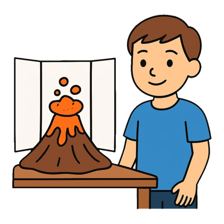 Science fair clipart of a boy beside a model volcano project on a table