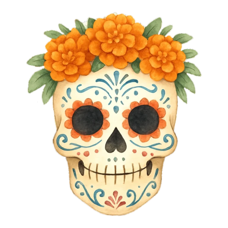 Sugar skull clipart in watercolor with marigold flowers and colorful patterns