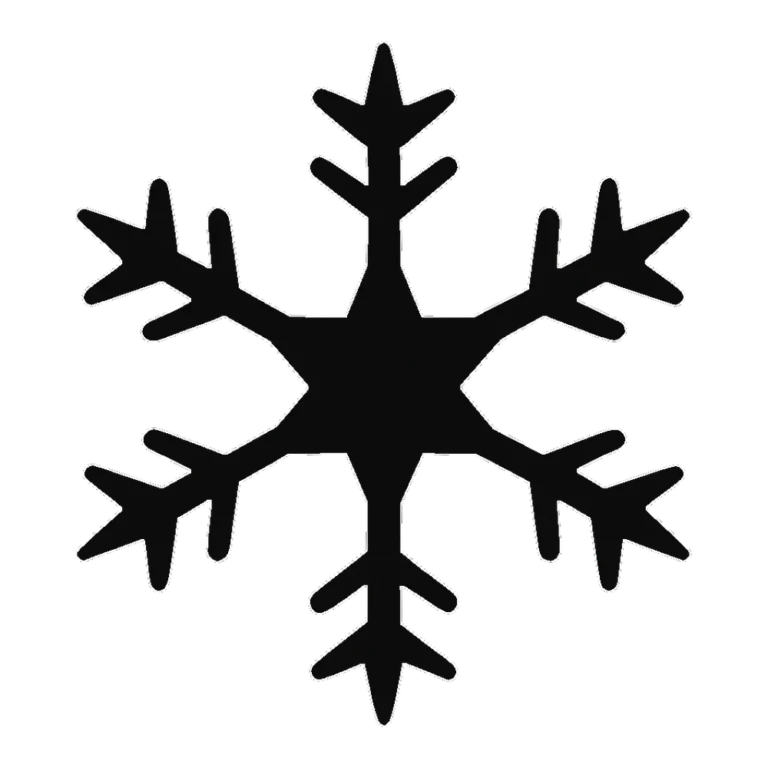 Snowflake clip art silhouette of a solid black six-pointed flake with crisp branches
