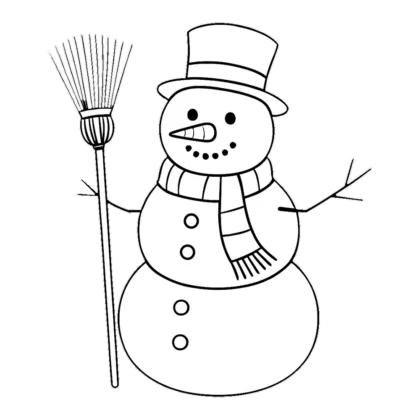 Snowman outline clipart in black and white with a broom, hat and scarf