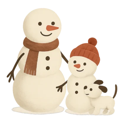 Snowmen clipart of a retro snowman family with a parent, a child and a dog