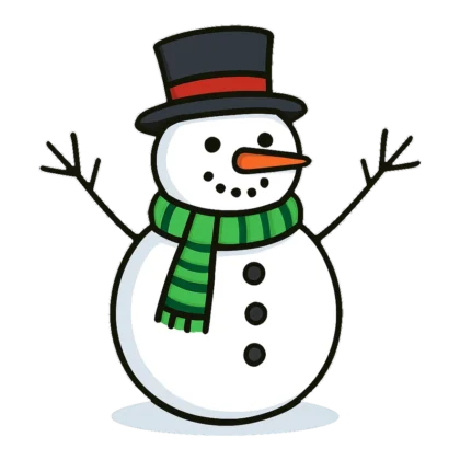 Snowman clip art of a waving snowman with stick hands and a black top hat