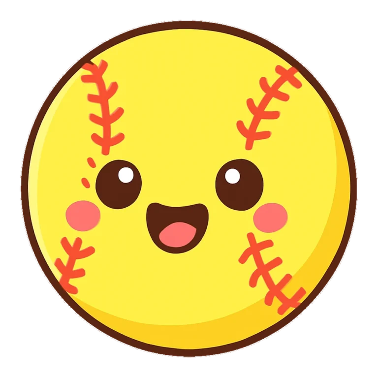 Cute softball clipart of a bright yellow ball with red stitches and a big grin