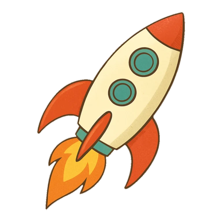 Rocket ship clipart in retro style with round windows and a puffy orange flame