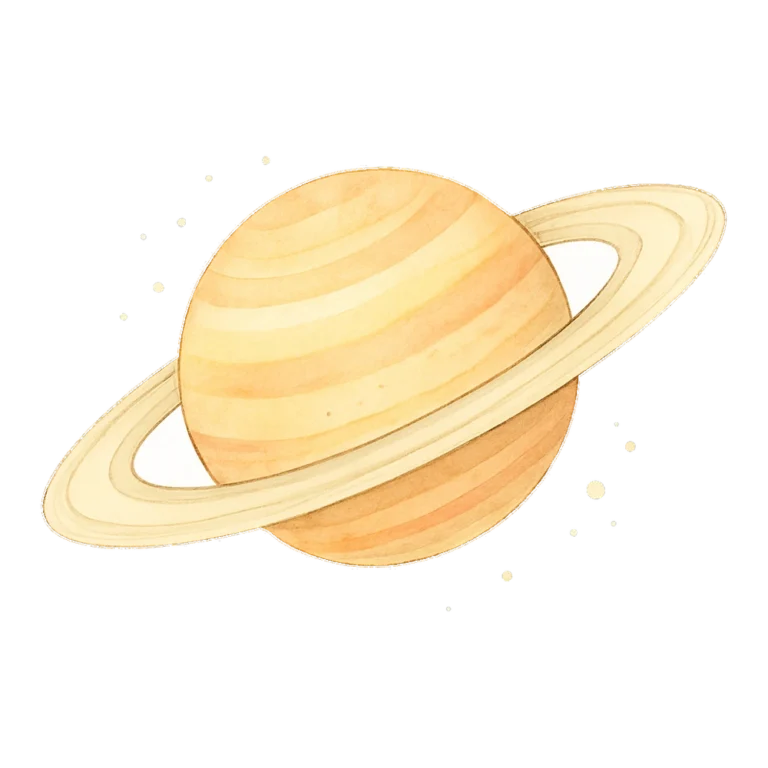 Saturn clipart of a ringed planet painted in soft gold and peach watercolor