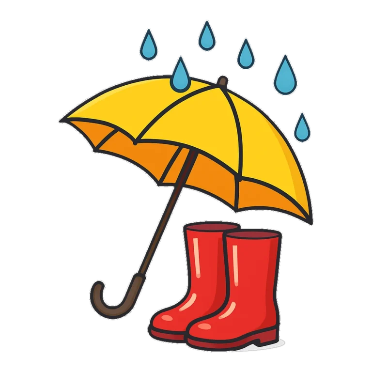April showers clipart of a yellow umbrella with raindrops and red rain boots