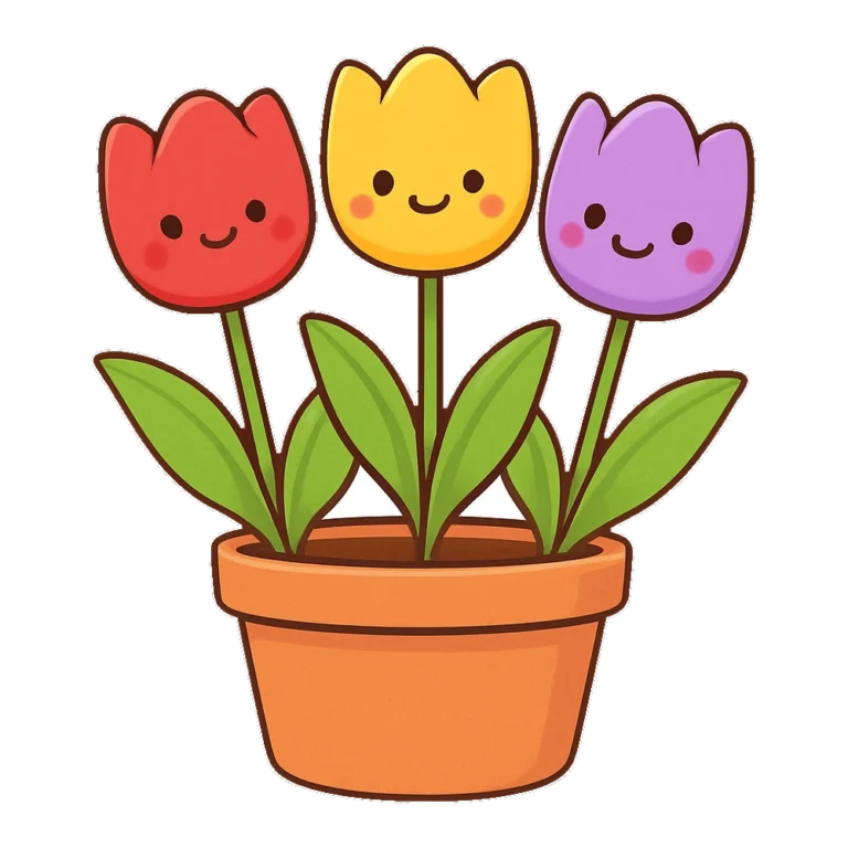 Cute spring clipart of three smiling tulips growing in a terracotta pot