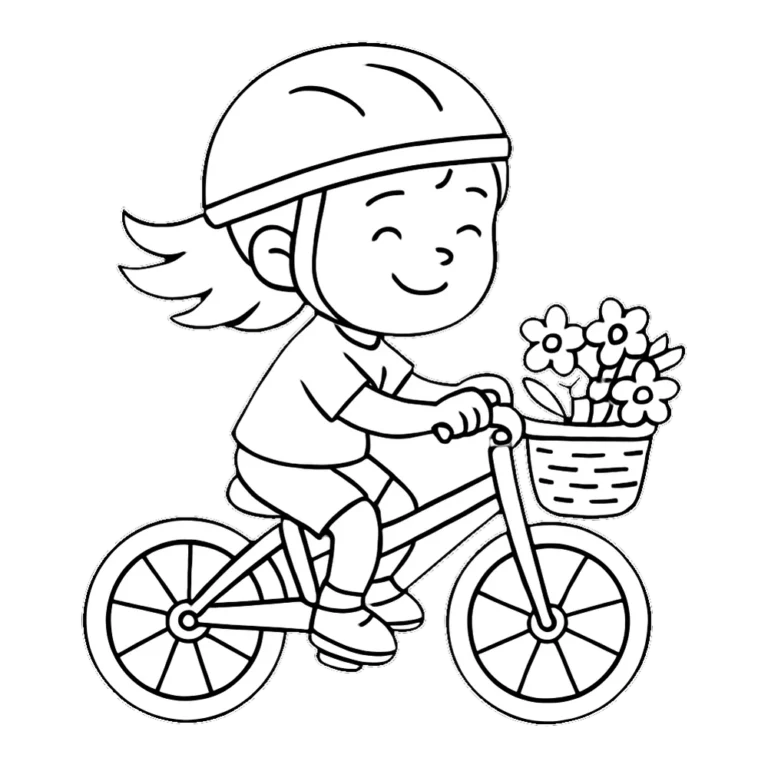 Spring break clipart outline of a cartoon child riding a bike with a flower basket