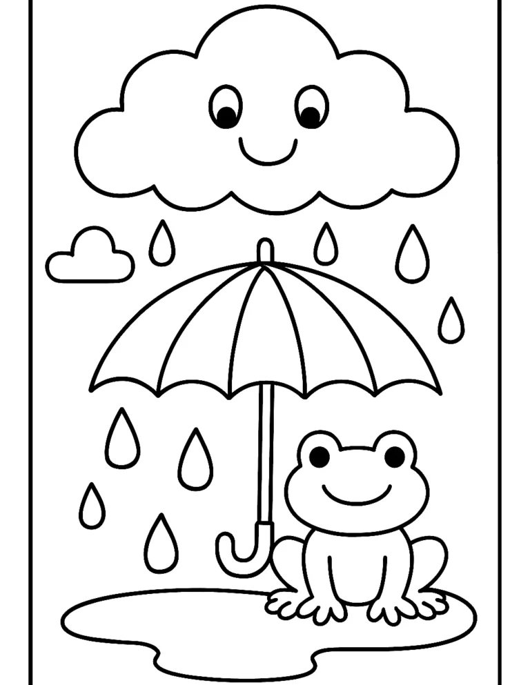 Easy April coloring page of a smiling rain cloud over a big umbrella