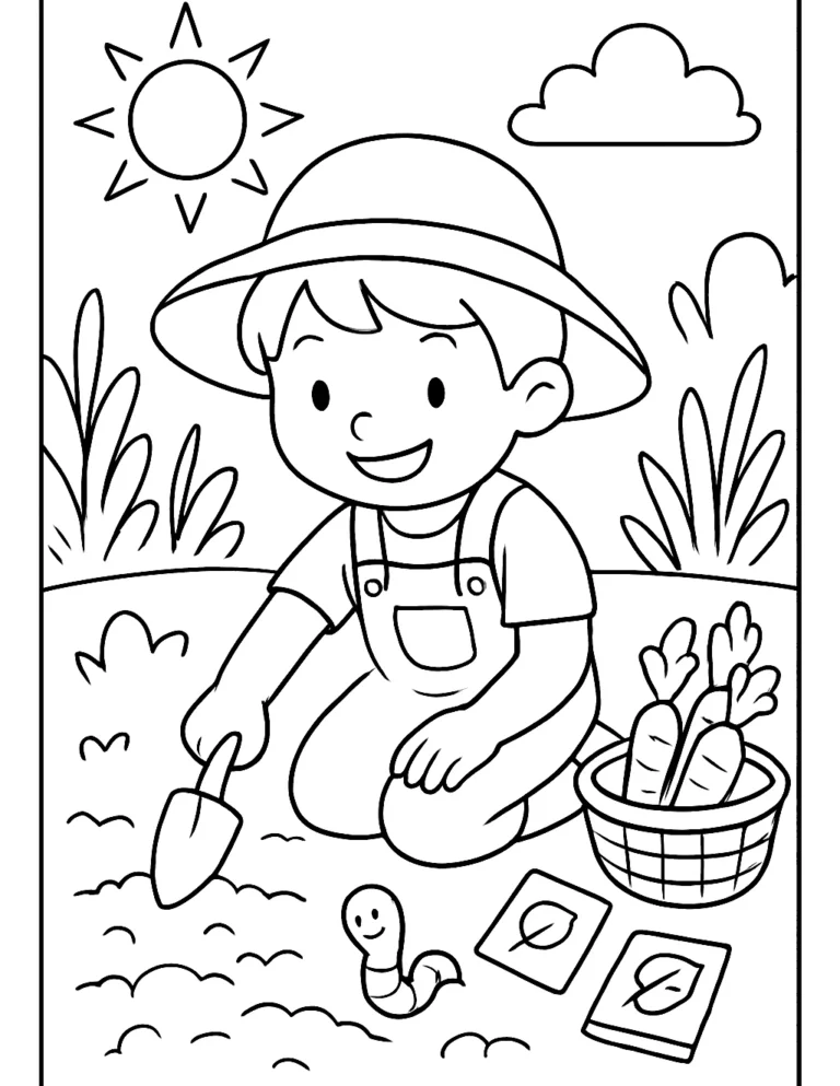 Garden coloring page of a child gardener planting seeds with a trowel
