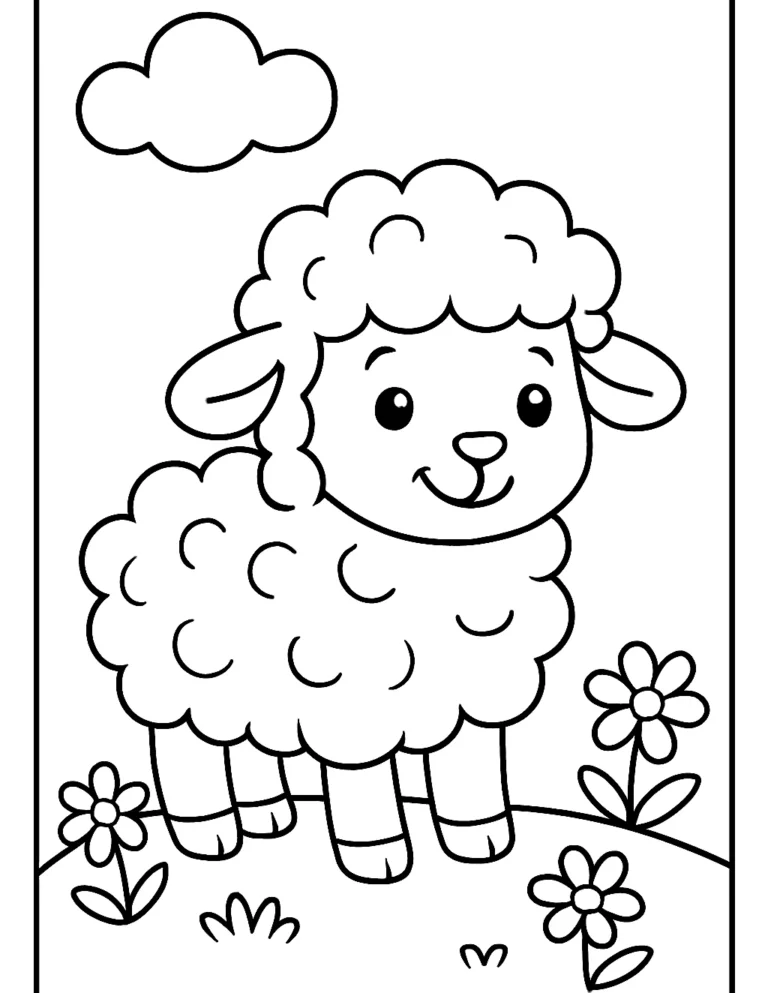 Cute spring coloring page of a fluffy lamb standing in a patch of daisies