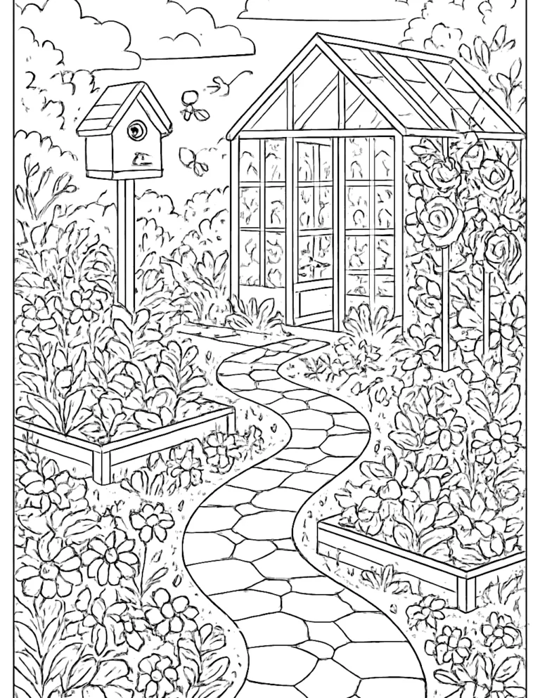 Spring time coloring page of a garden path, greenhouse and birdhouse in bloom