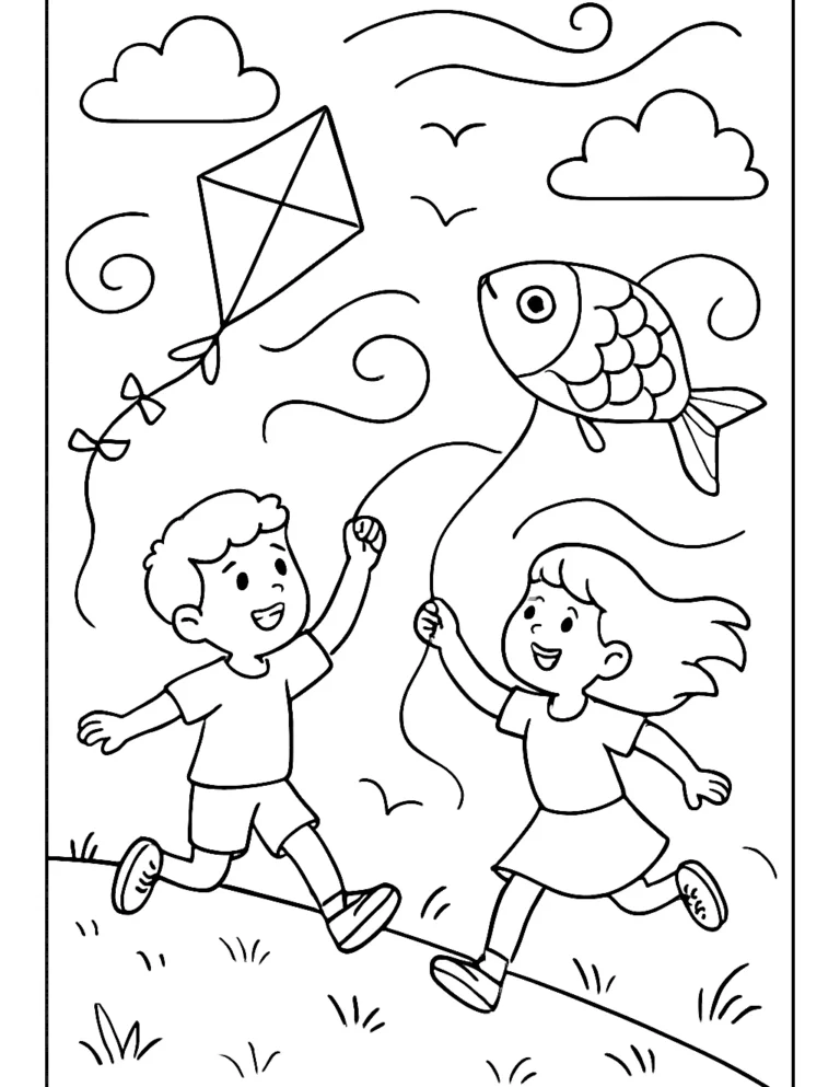 March coloring page of two kids flying kites on a windy hill