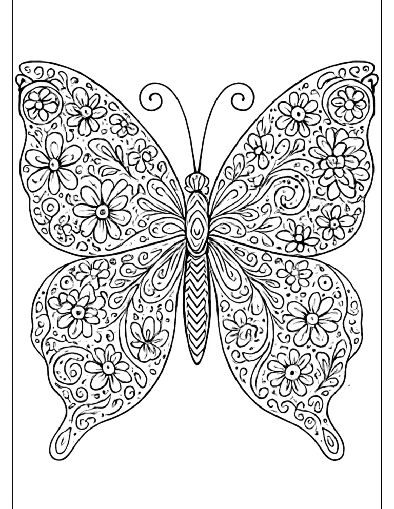 May coloring page of a butterfly mandala with flower patterns in the wings