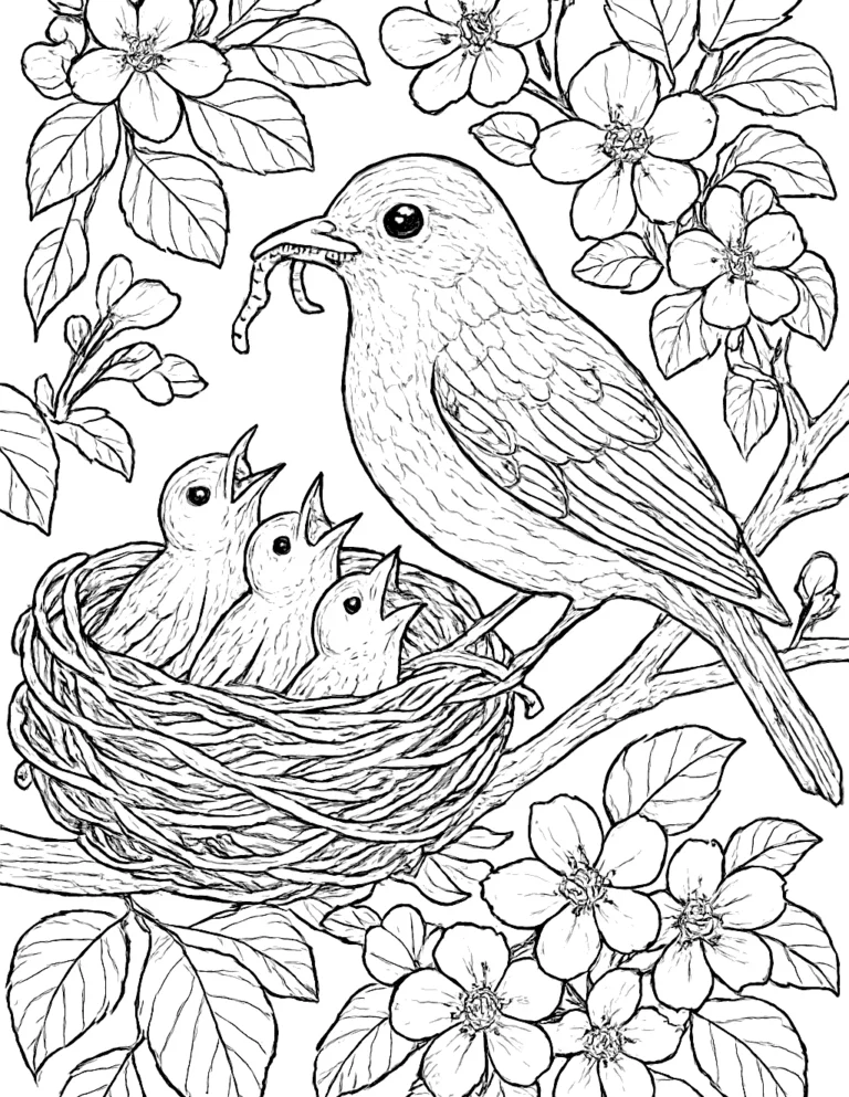 Spring coloring page of a robin feeding chicks in a nest on a blossom branch