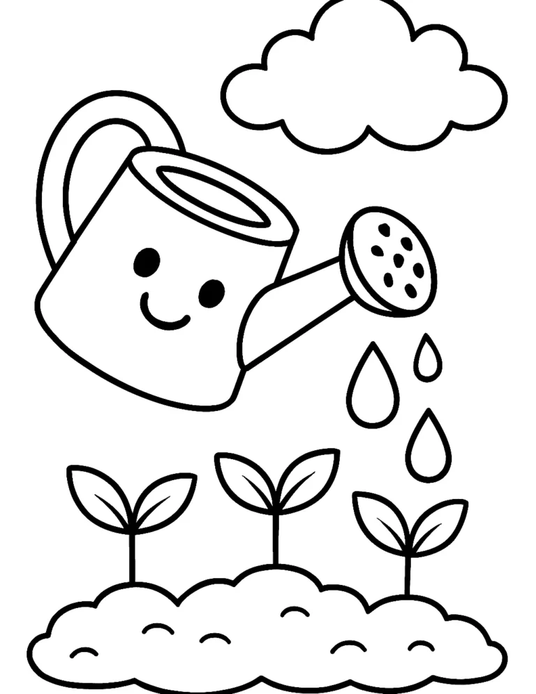 Simple garden coloring page of a watering can sprinkling three little sprouts