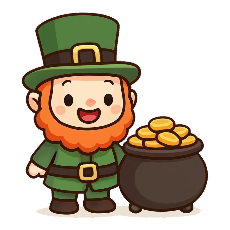 Cute leprechaun clipart of a smiling little man in green with a pot of gold