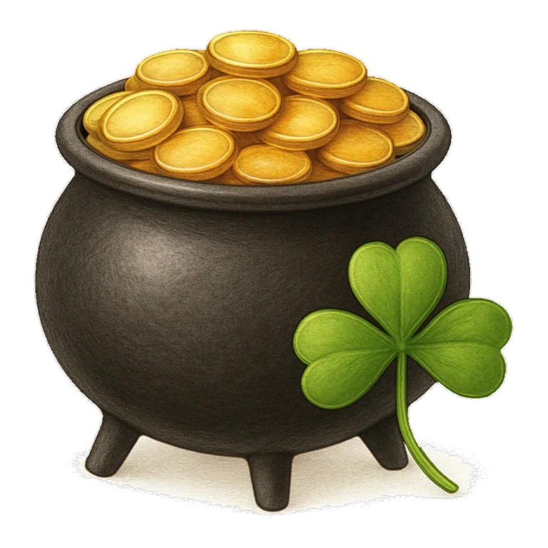 Clover clip art scene of a realistic black pot of shining gold coins with a clover