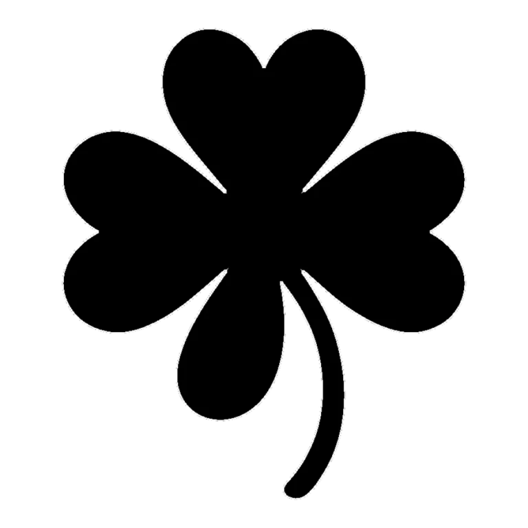 Four leaf clover clipart silhouette in solid black with a curved stem