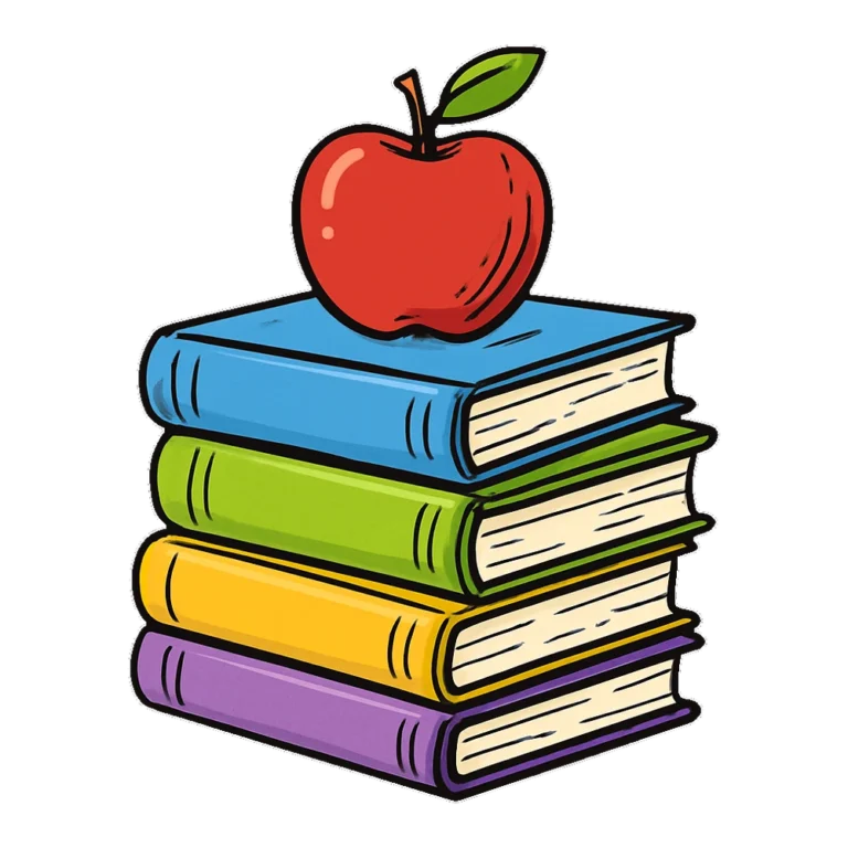 Stack of books clipart doodle with four books and a red apple on top