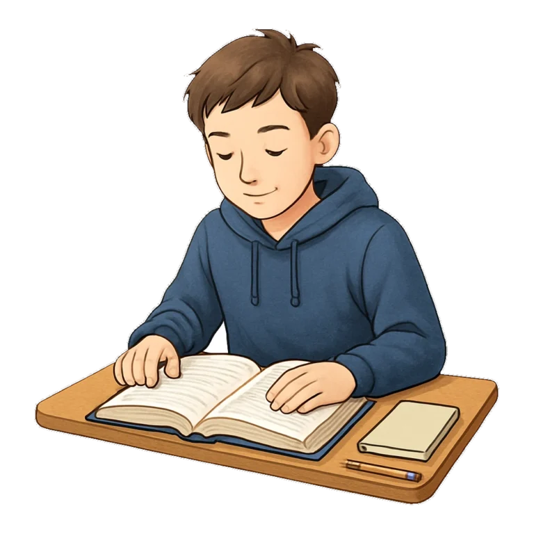 Student reading clipart of a middle schooler reading a textbook at a desk
