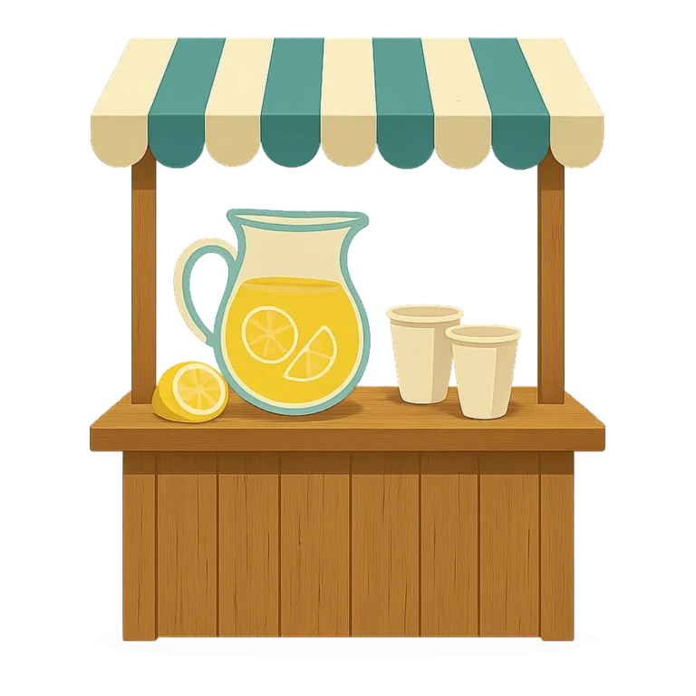 Lemonade stand clipart in a retro style with a striped awning and a pitcher
