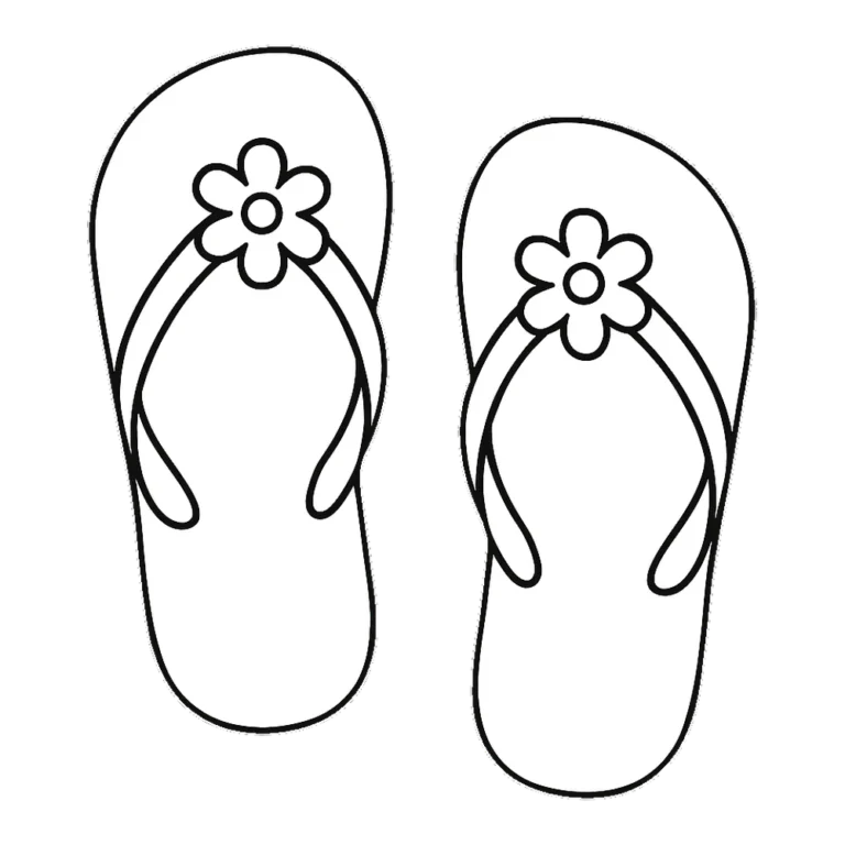 Black and white summer clip art outline of a pair of flip flops with flowers