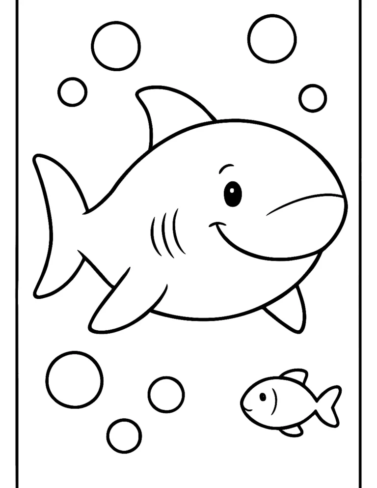 Cute shark coloring page of a round smiling shark with tiny bubbles