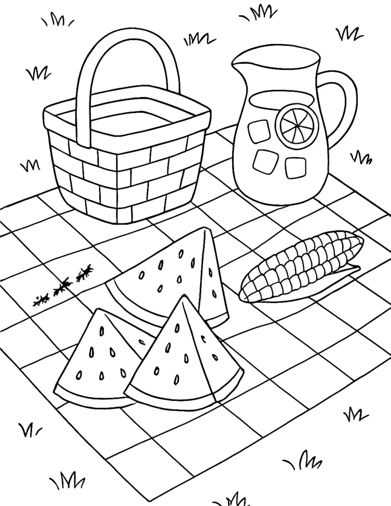 Fourth of July coloring page of a picnic blanket with watermelon and treats
