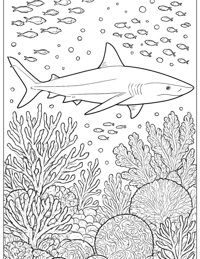Shark coloring page of a reef shark gliding over coral with schools of fish