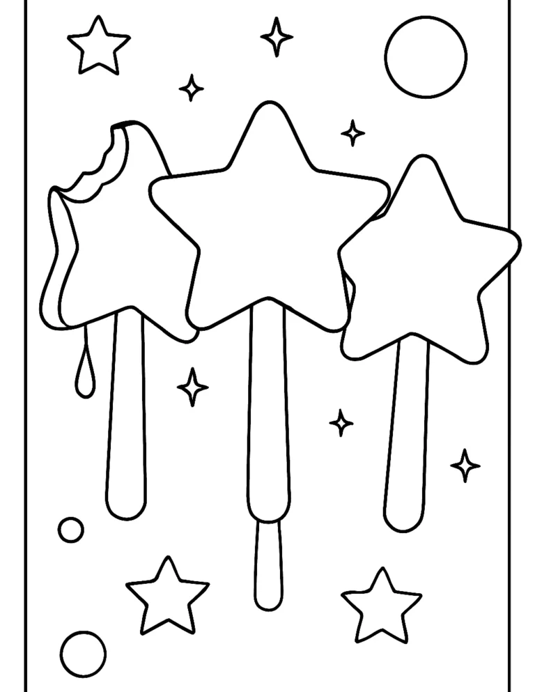 Easy 4th of July coloring page of three star shaped popsicles