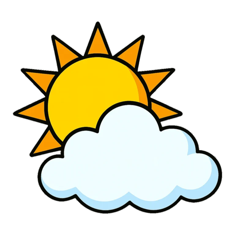 Sun with cloud clipart of a bright sun peeking out from behind a white cloud