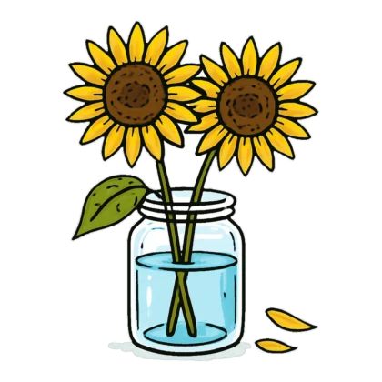 Doodle clipart picture of sunflowers in a glass jar, drawn in loose marker lines