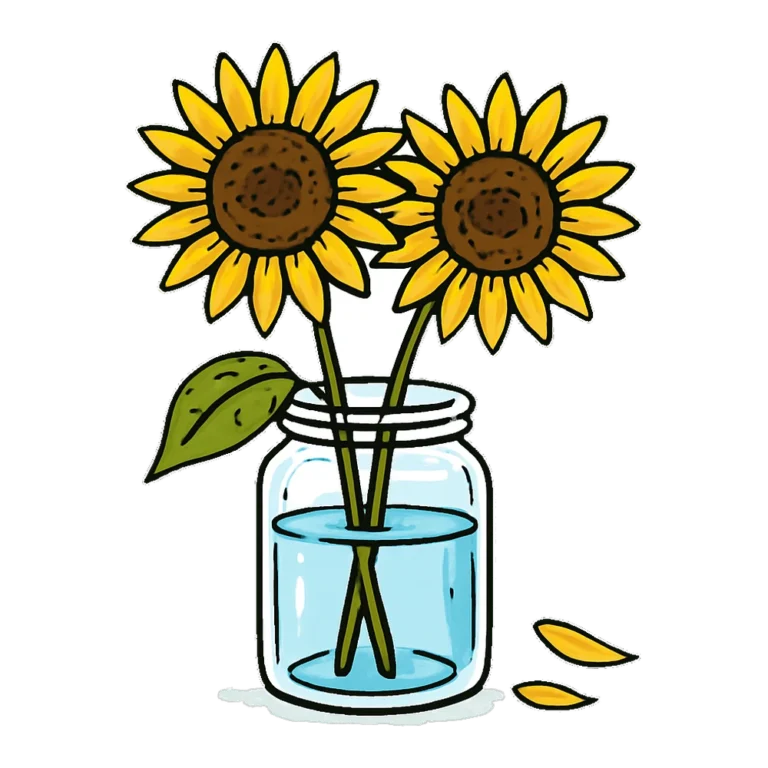 Doodle clipart picture of sunflowers in a glass jar, drawn in loose marker lines