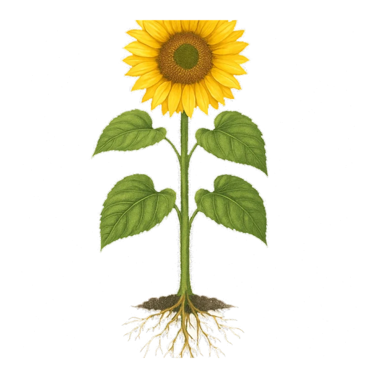 Sunflower plant clipart showing roots, a tall stem, big leaves and one bloom