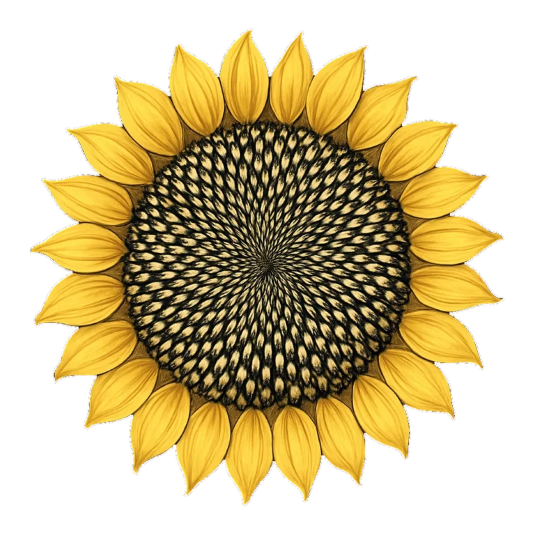 Realistic sunflower clipart of a seed head with spiral seeds and curled petals