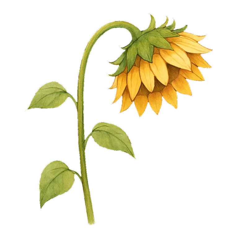 Sunflower clip art in watercolor of a single bloom seen from the side, head bowed