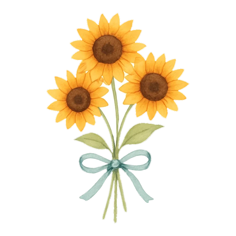 Watercolor sunflower clipart of three stems tied with a blue ribbon bouquet