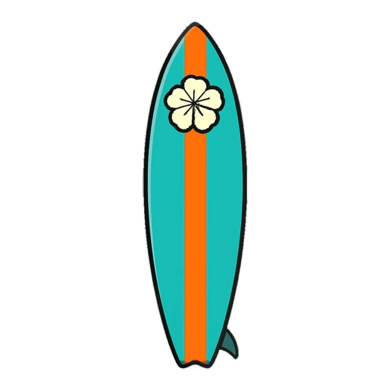 Surfboard clipart of a tall turquoise surfboard with an orange stripe and a fin