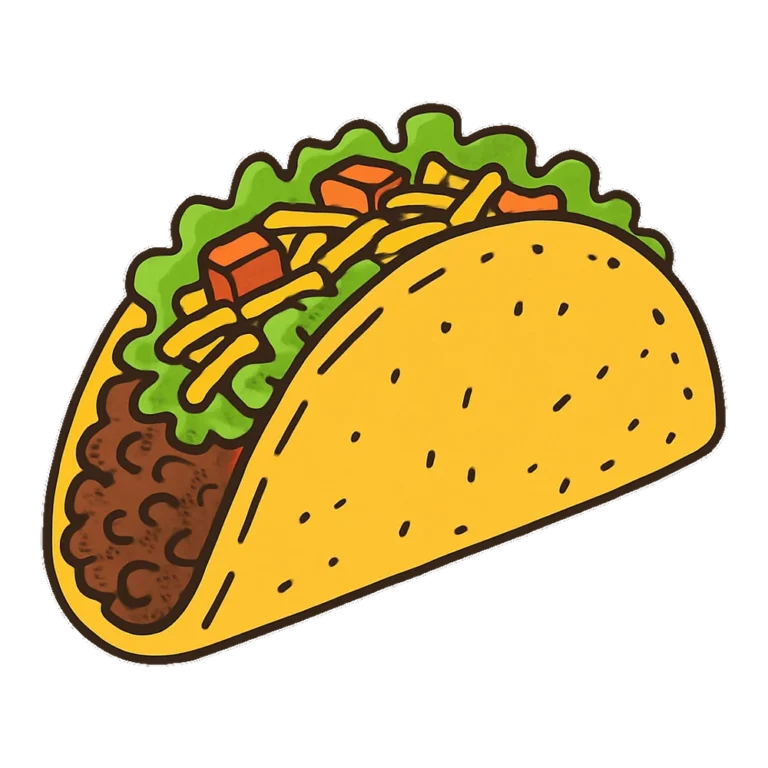 Doodle taco clipart of a crunchy shell taco with lettuce, cheese and tomato