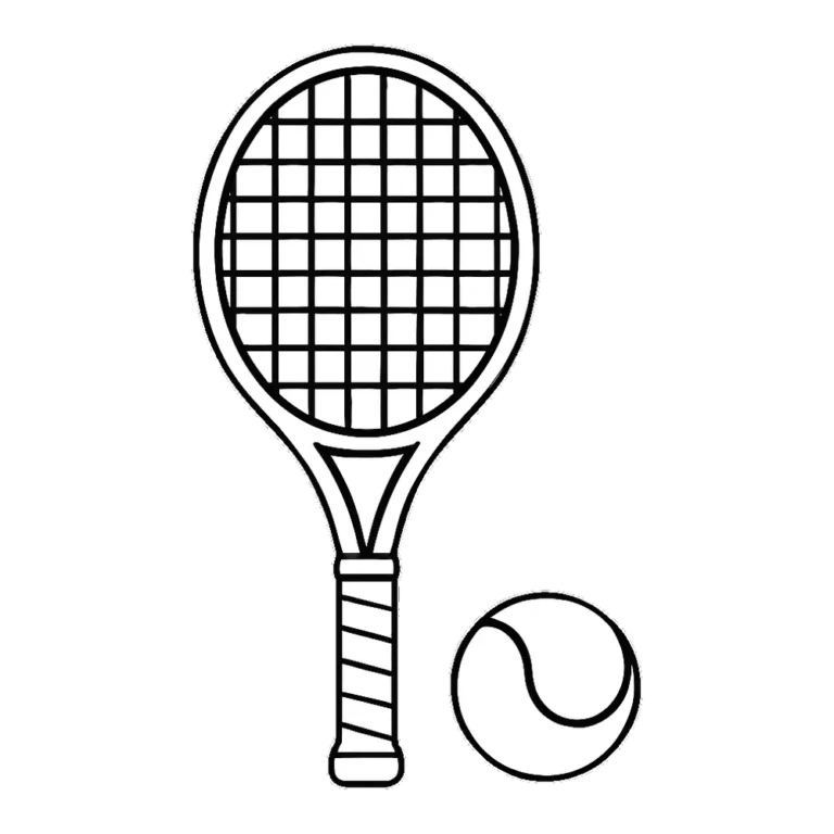 Tennis ball clipart black and white with a racket outline for coloring