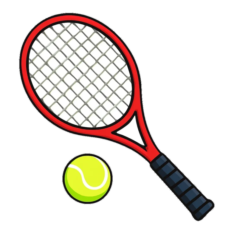 Tennis racket and ball clipart with a red frame, white strings and a yellow ball