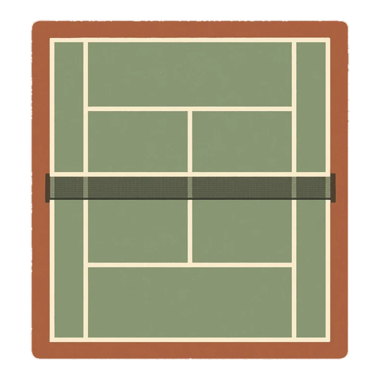 Tennis court clipart seen from above with green surface, white lines and a net