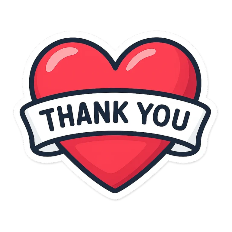 Thank you clipart sticker of a red heart with the words Thank You across it