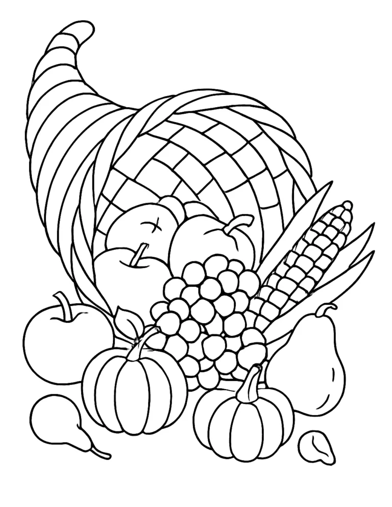 Thanksgiving coloring page of a woven cornucopia spilling apples, corn and pumpkins