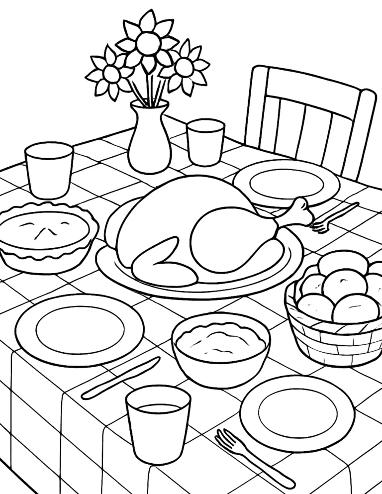 Thanksgiving food coloring page of a table set with a roast turkey, pie and corn