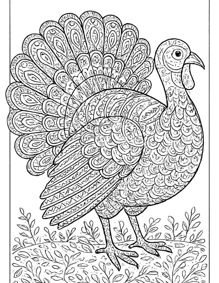Thanksgiving coloring page for adults of a turkey with patterned paisley feathers