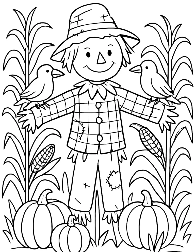 Thanksgiving coloring page for kids of a friendly scarecrow in a corn field with pumpkins