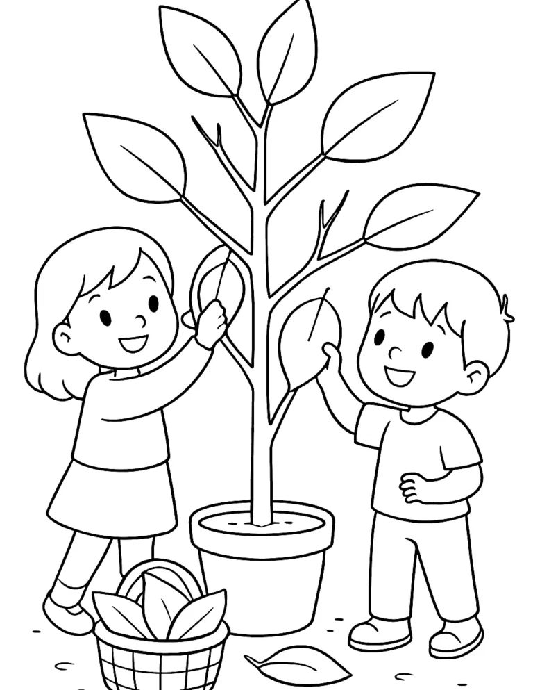 Happy Thanksgiving coloring page of two kids hanging paper leaves on a thankful tree